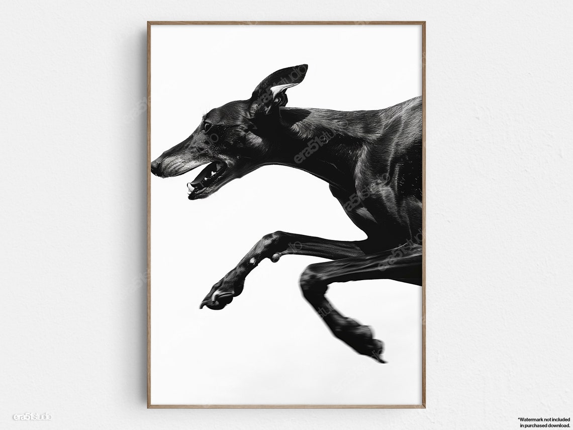 Black And White Running Dog Greyhound Original Midcentury Modern Minimalist Wall Art
