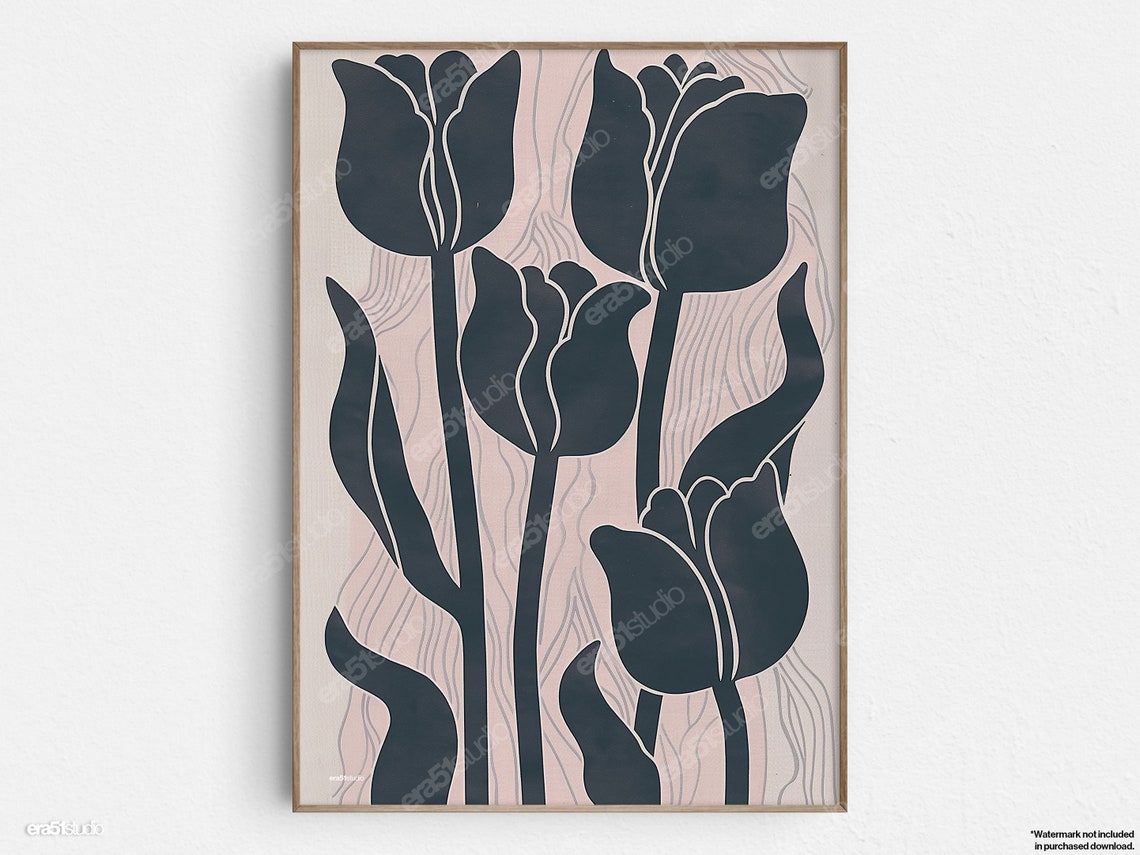 Stylized Tulip Silhouette Pink Floral Modern Botanical Art Poster