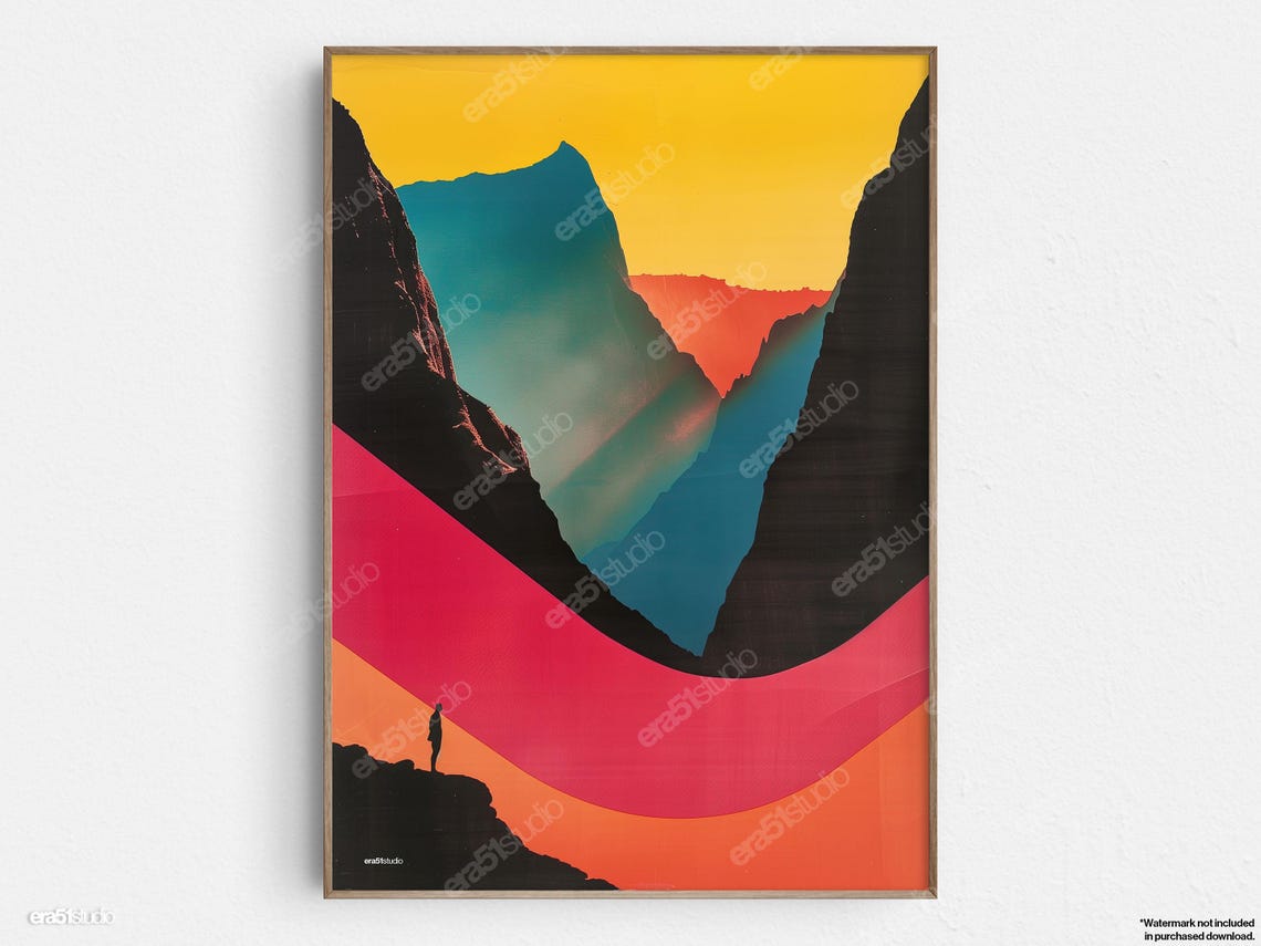 Lone Hiker Sunset Mountain Peaks Abstract Silhouette Wall Art