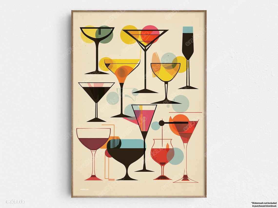 Geometric Cocktail Martini Glasses Midcentury Modern Bar Cart Art Poster