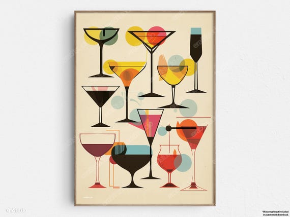 Geometric Cocktail Glasses Original Midcentury Modern Minimalist Wall Art