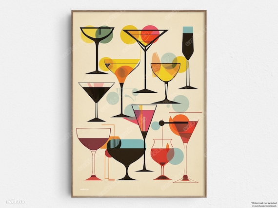 Geometric Cocktail Martini Glasses Midcentury Modern Bar Cart Art Poster
