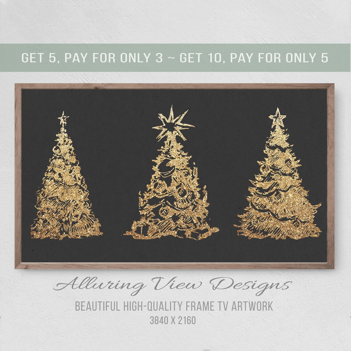 Christmas Golden Glitter Trees Art Print