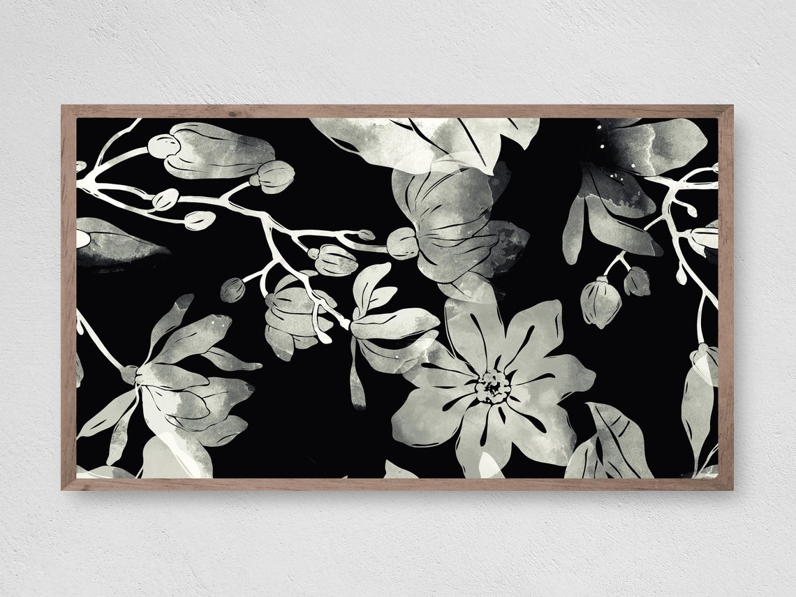 Black White Ink Floral Branches Monochrome Botanical Wall Art Poster