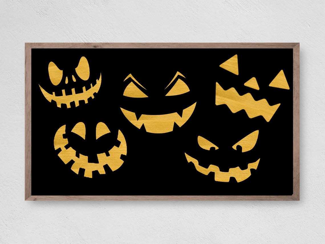 Glowing Jack O Lantern Faces Black Background Halloween Art Print