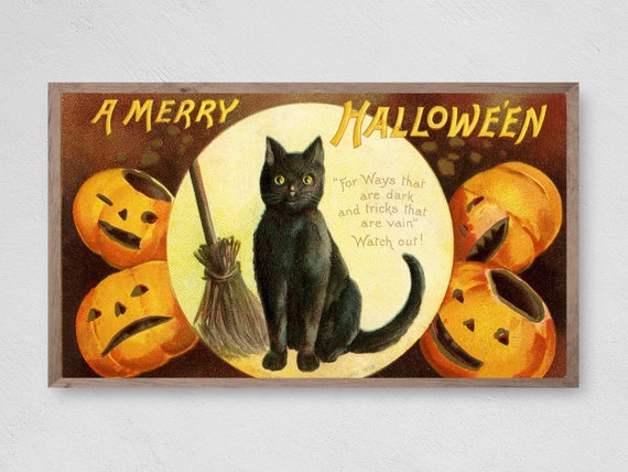Vintage Black Cat Halloween Art Print