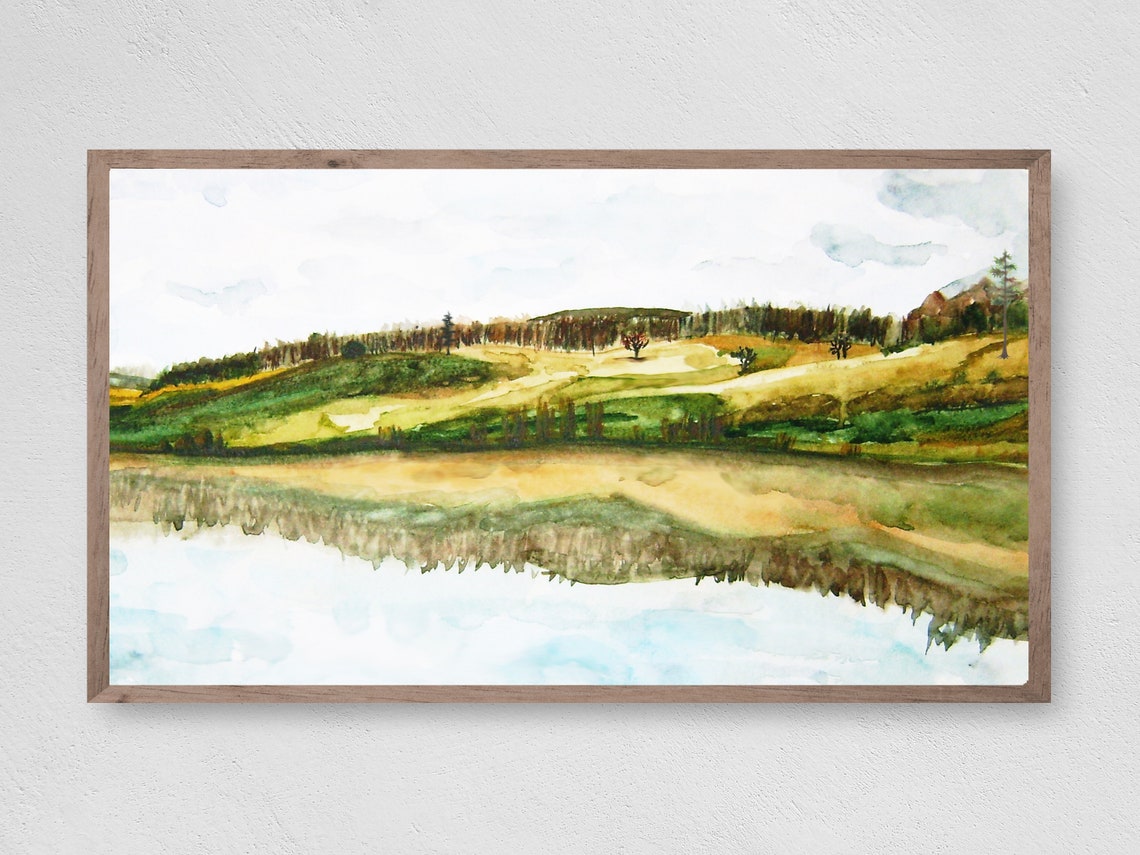 Autumn Hills Watercolor Painting Reflected in Calm Lake Art Print