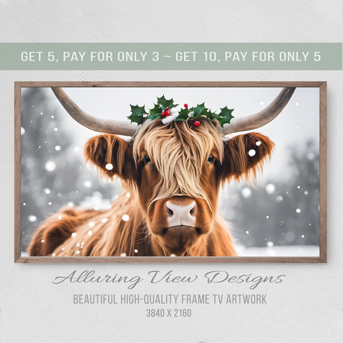 Christmas Highland Cow Art Print, Winter Holiday Decor