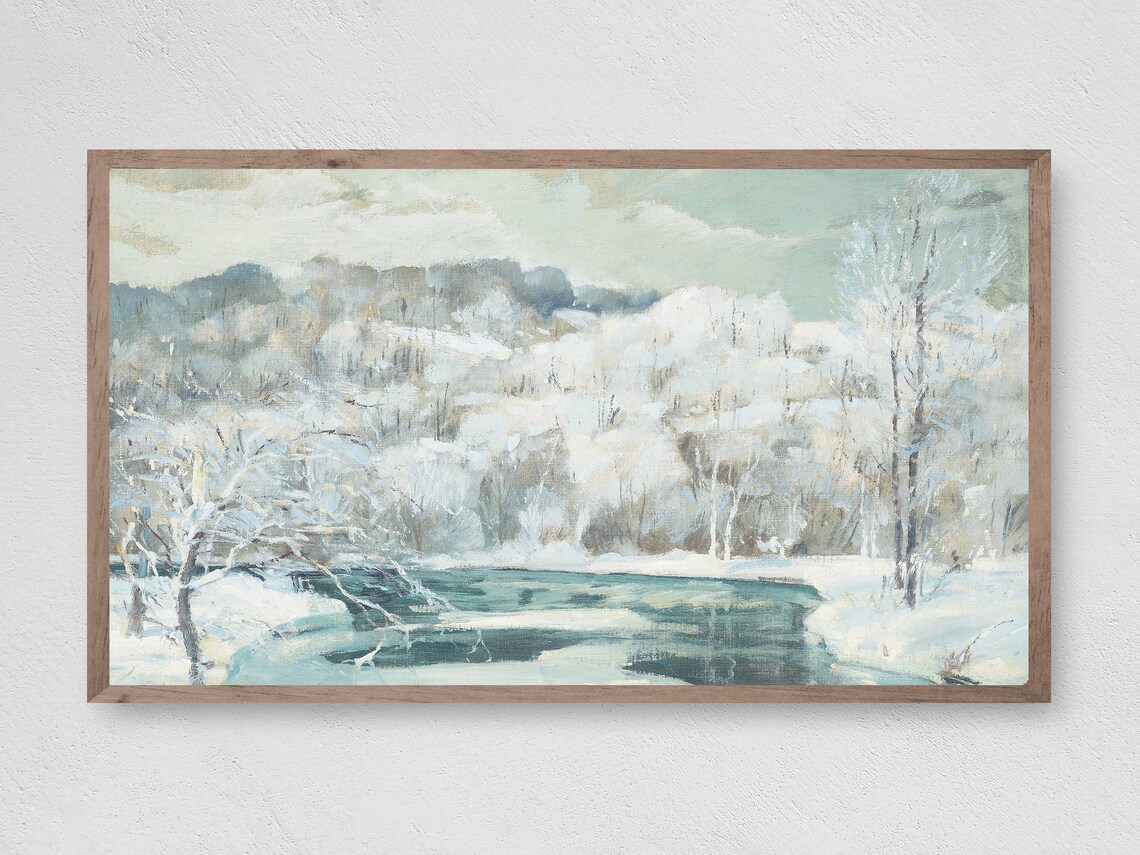Icy Pond Painting Winter Christmas Art Print