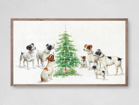 Pups By The Christmas Tree Art Print, Christmas