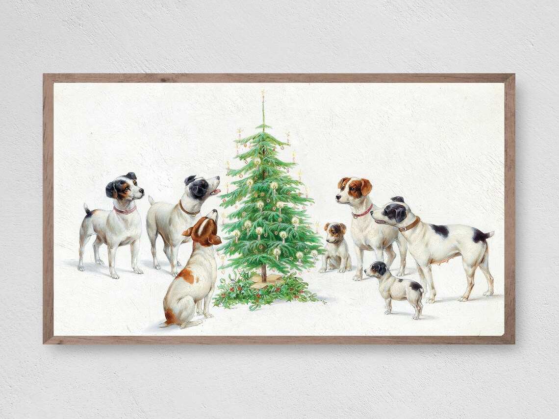 Pups By The Christmas Tree Art Print, Christmas