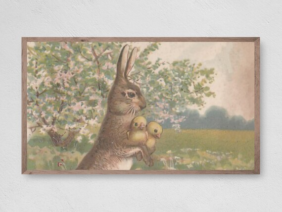 Easter Brown Bunny With Chicks, Art Print