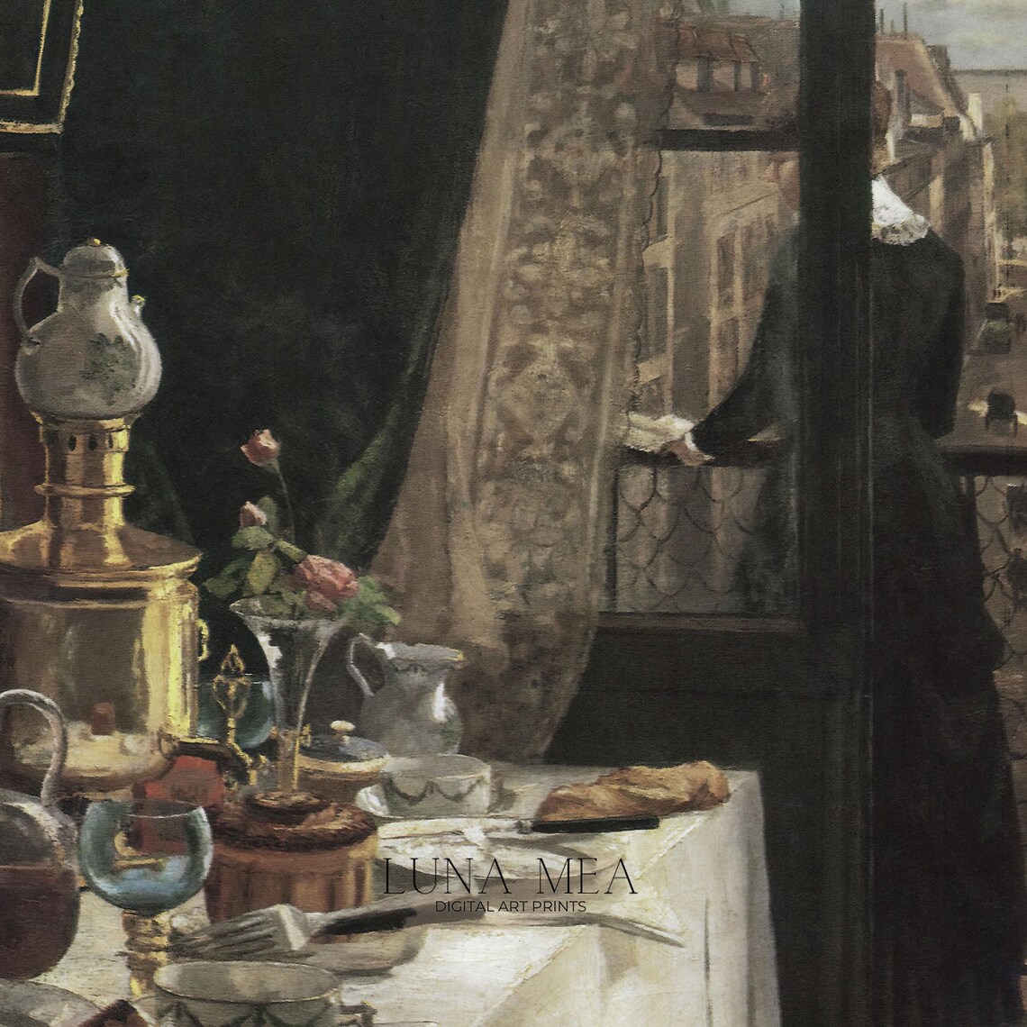Vintage European Dining Room Interior Painting Balcony View Classic Art Poster - Image 3