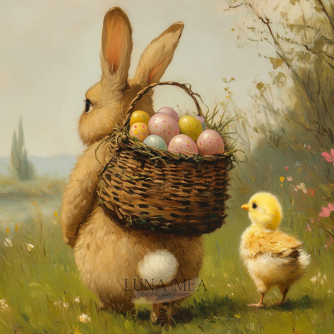 Vintage Easter Bunny Carrying Egg Basket Through Meadow With Chick Art Poster - Image 3