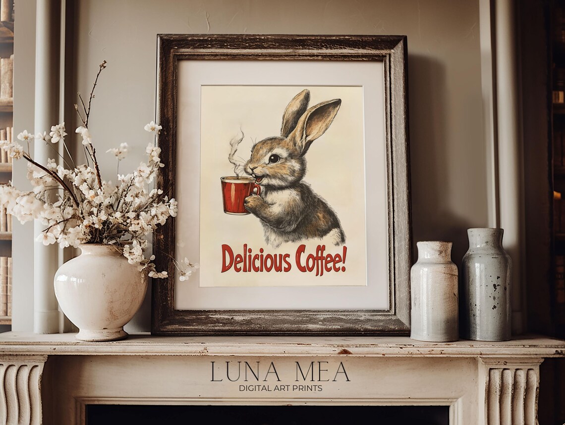 Vintage Easter Bunny Drinks Coffee, Kitchen Decor - Image 2