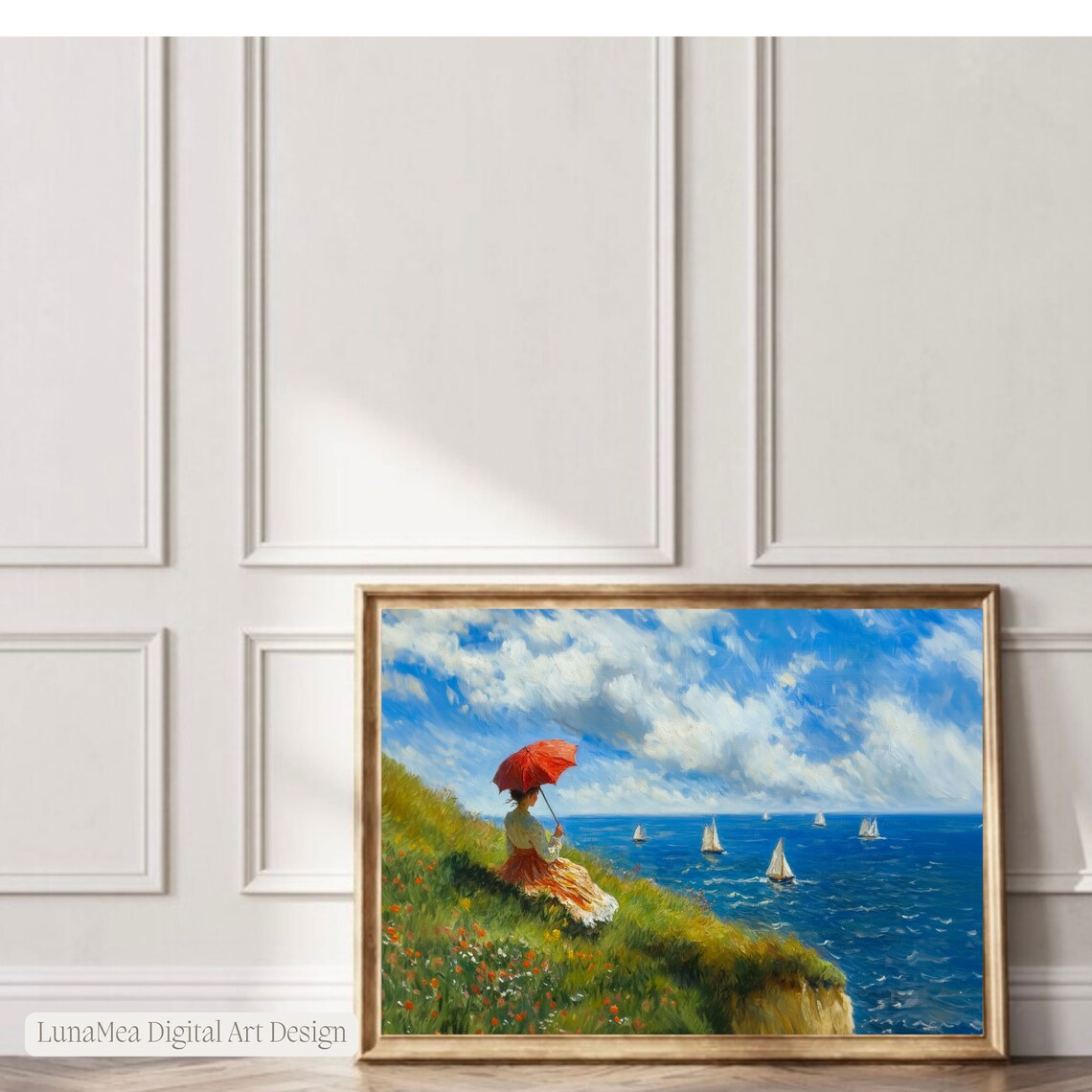 Monet Style Red Parasol Woman Coastal Cliff Sailboats Impressionist Wall Art - Image 3