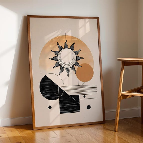 Boho Sun And Geometric Shapes Poster, Minimalist Abstract