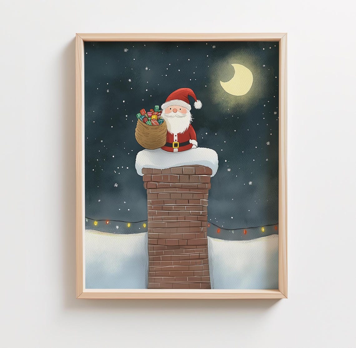 Santa Claus Chimney Starry Night Christmas Moon Watercolor Poster