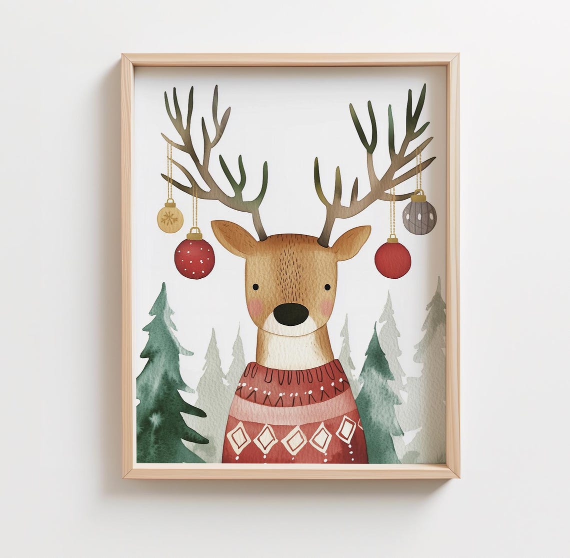 Reindeer Nordic Sweater Ornament Antlers Christmas Watercolor Poster - Image 2