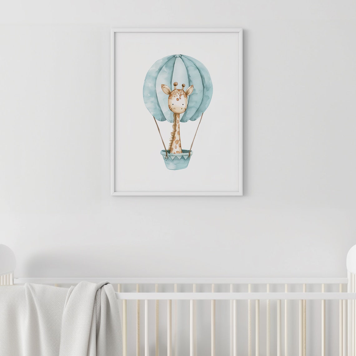 Giraffe Hot Air Balloon Blue Watercolor Baby Nursery Wall Art - Image 2