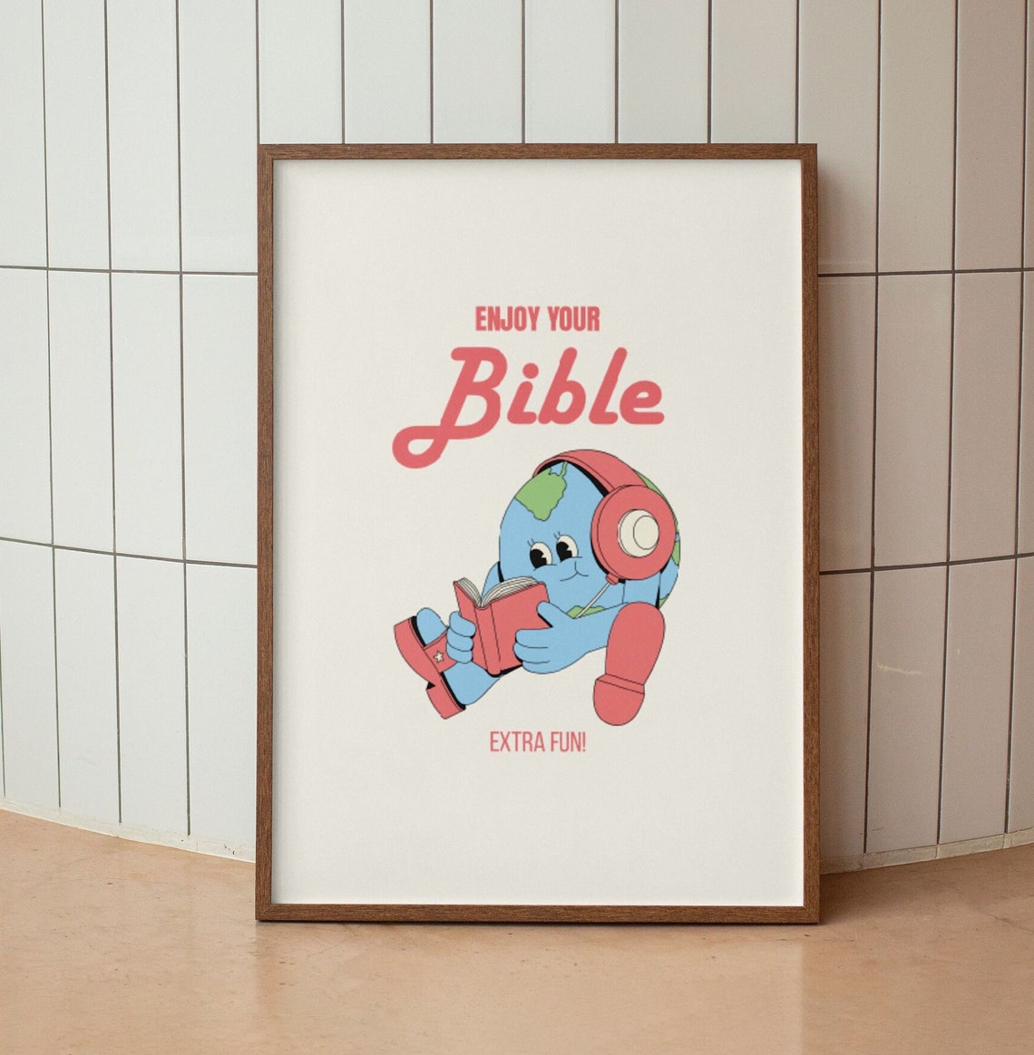 Enjoy Your Bible Retro Globe Mascot Reading Fun Faith Poster - Image 3