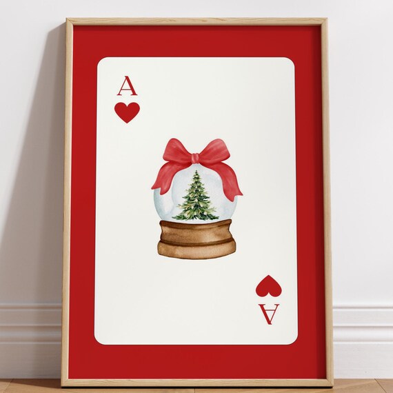 Christmas Ace of Hearts Snow Globe Tree Red Bow Playing Card Poster