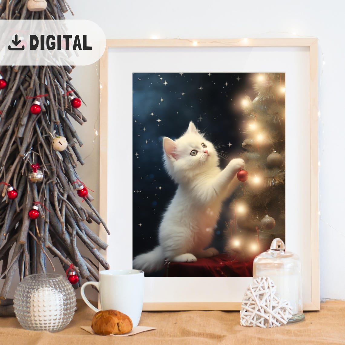 White Kitten Reaching For Red Ornament On Lit Christmas Tree Poster