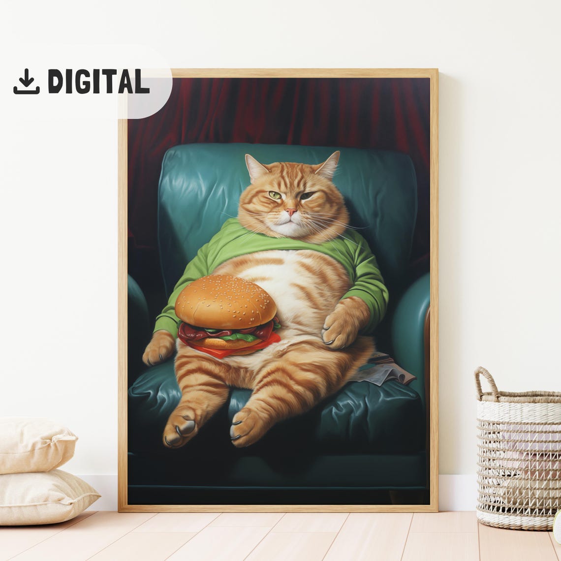 Funny Orange Tabby Cat Green Shirt Burger Teal Chair Poster Gift