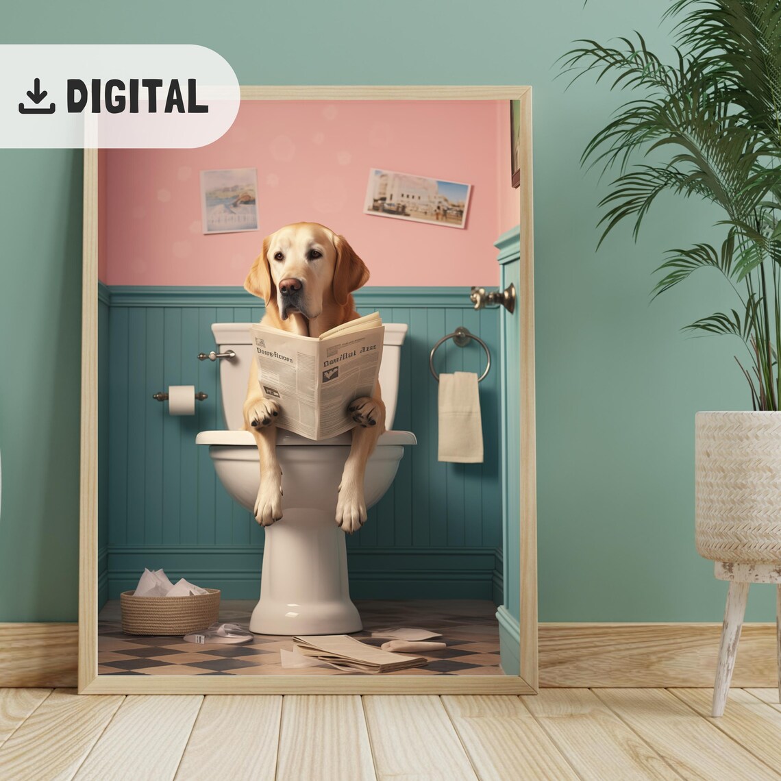 Yellow Labrador Reading Newspaper on Toilet Bathroom Dog Poster - Image 2