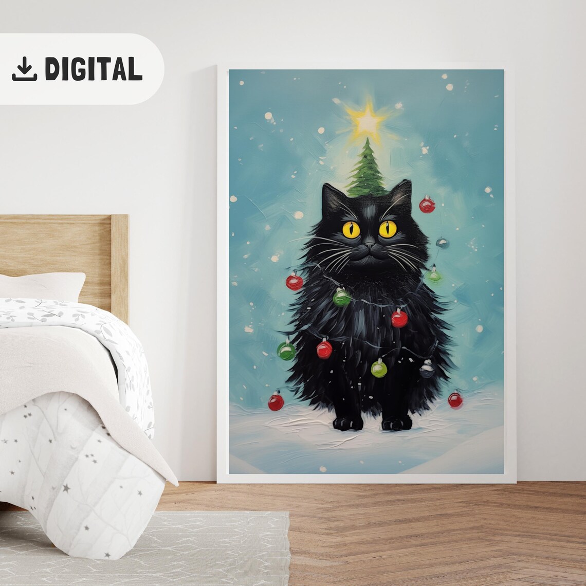 Black Cat Dressed As Christmas Tree Ornaments Painterly Poster - Image 2