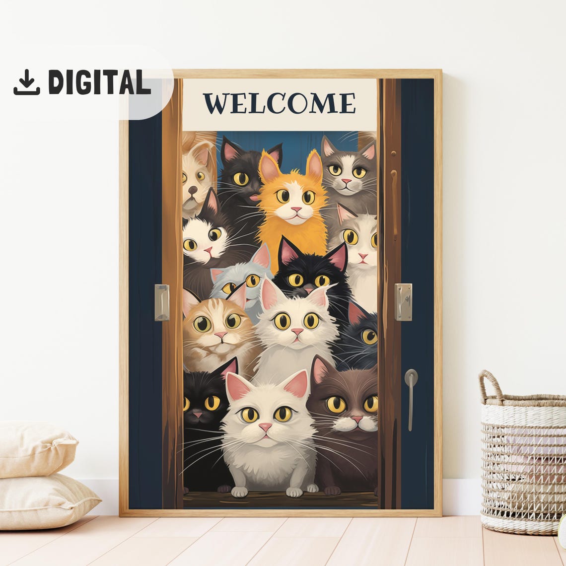 Welcome Greeting Sign with Crowd of Colorful Funny Cats Poster
