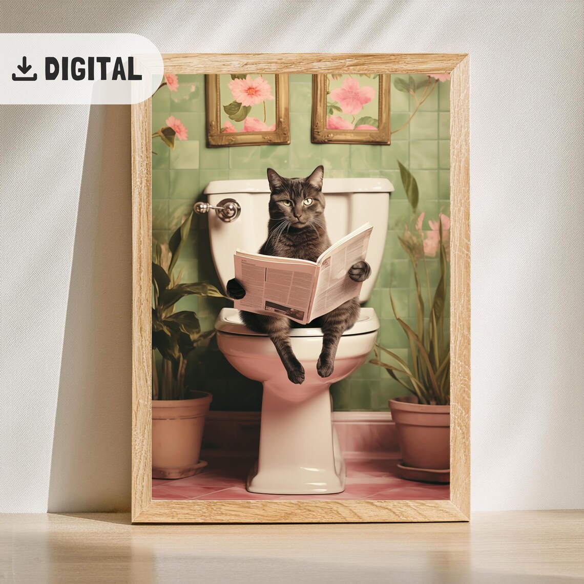 Grey Cat Reading Newspaper On Toilet Vintage Green Tile Bathroom Poster