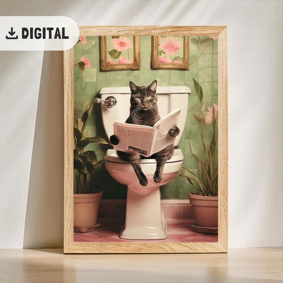 Grey Cat Reading Newspaper On Toilet Vintage Green Tile Bathroom Poster