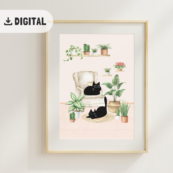Black Cats Wall Art Cat Owner Cute Catful Print Funny Cats Illustration Living Room Decor Cat Poster Boho Plant Print Cat Lover Gift