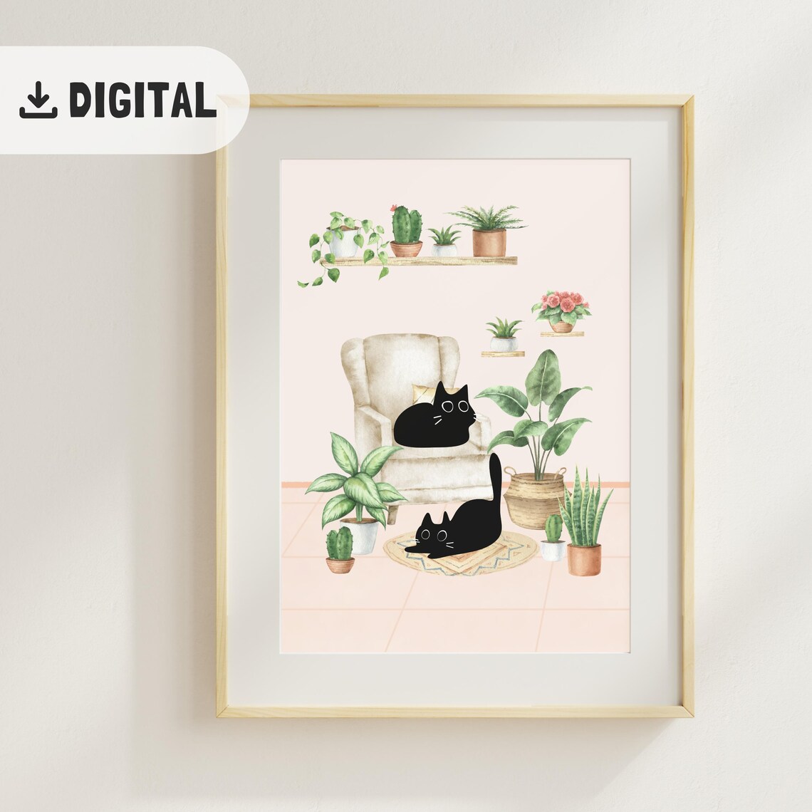 Two Black Cats Lounging Among Houseplants in Living Room Poster