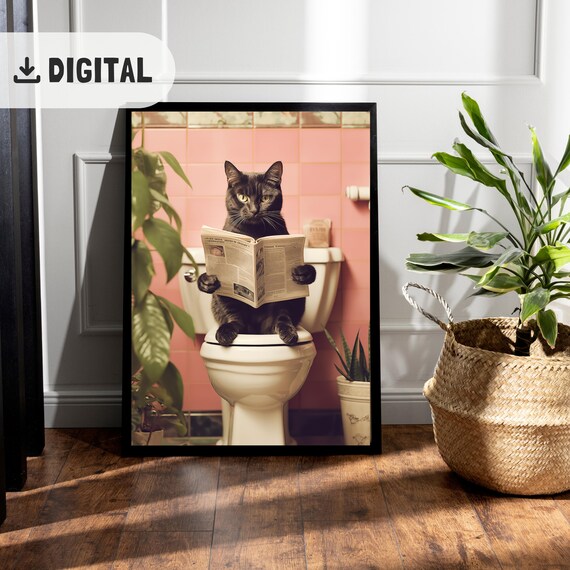 Black Cat Reading Newspaper On Toilet Pink Tile Retro Bathroom Poster