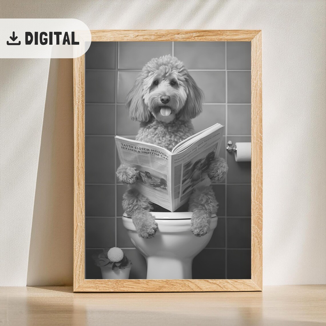Black and White Curly Doodle Dog Reading Newspaper Toilet Poster