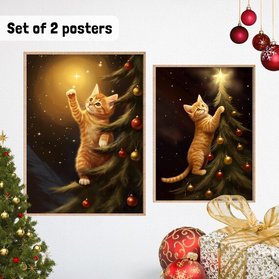 Cute Christmas Magic Print Set Mystery Christmas Night Print Magical Red Cat Wall Art Cat Christmas Tree Wall Decor Catful Vintage Poster