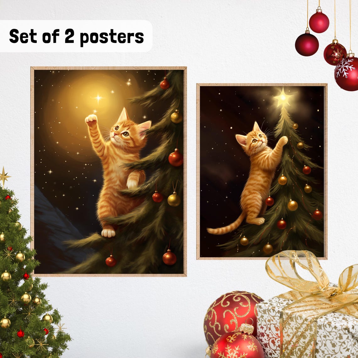 Orange Kitten Touching Star Christmas Tree Poster Pair Gift Set