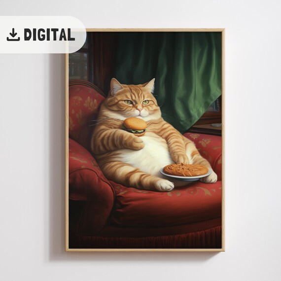 Orange Tabby Cat With Burger Pasta Vintage Armchair Poster Gift