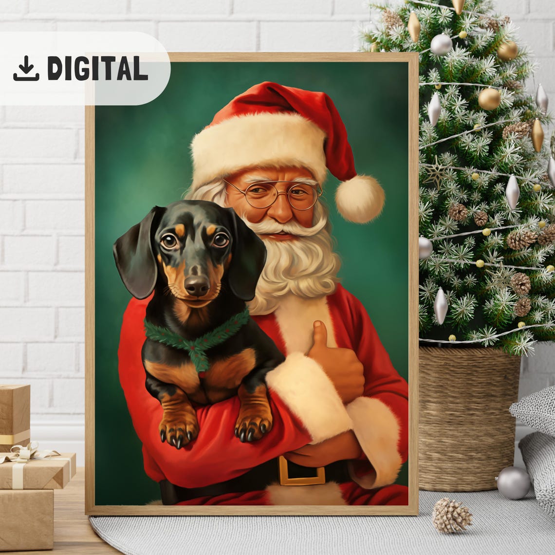 Vintage Santa With Dachshund Painting Dachshund Christmas Wall Art Funny Santa Claus Christmas Dog Print Retro Dogful Poster Doxie Xmas - Image 2