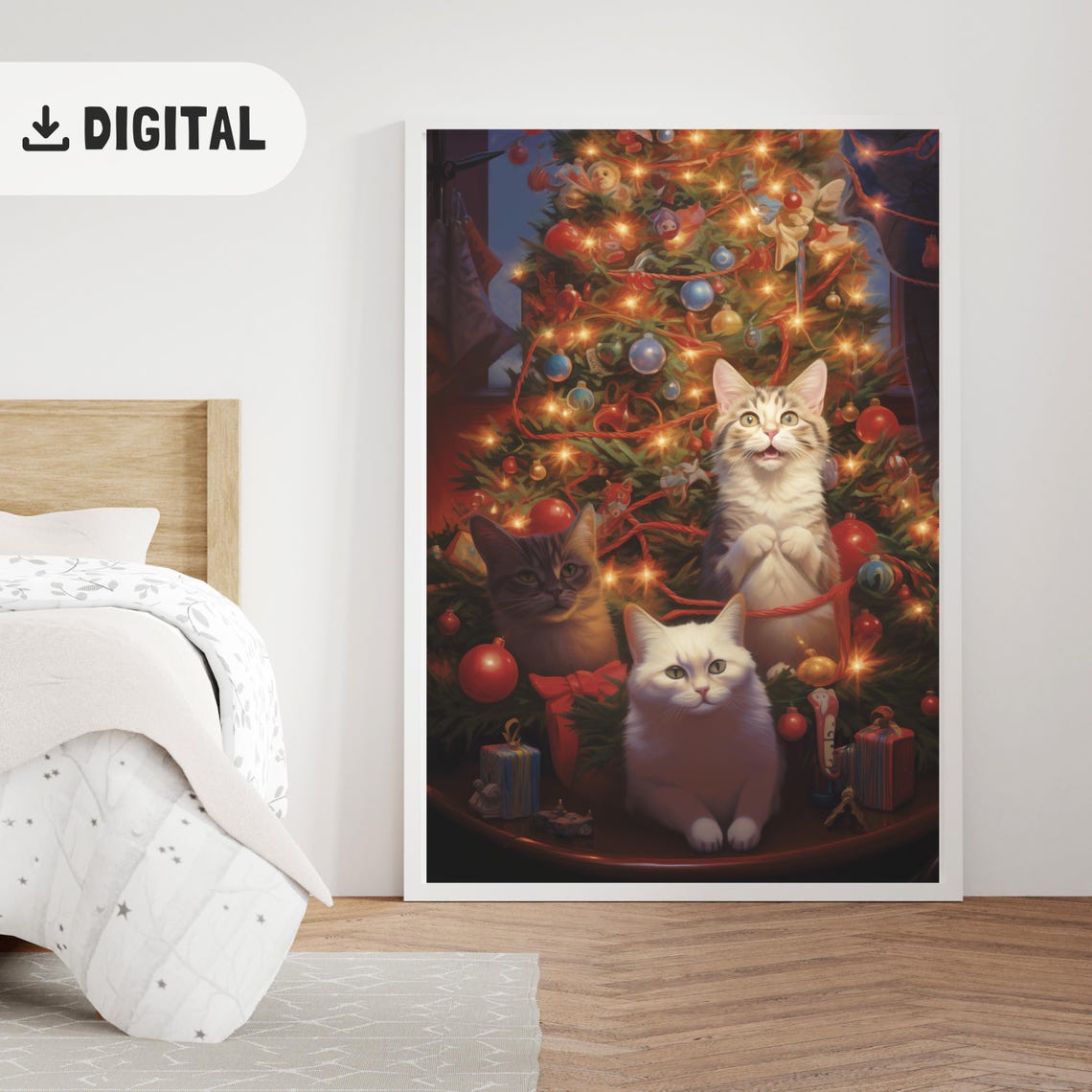 Three Cats Before Glowing Christmas Tree Gifts Holiday Poster - Image 2