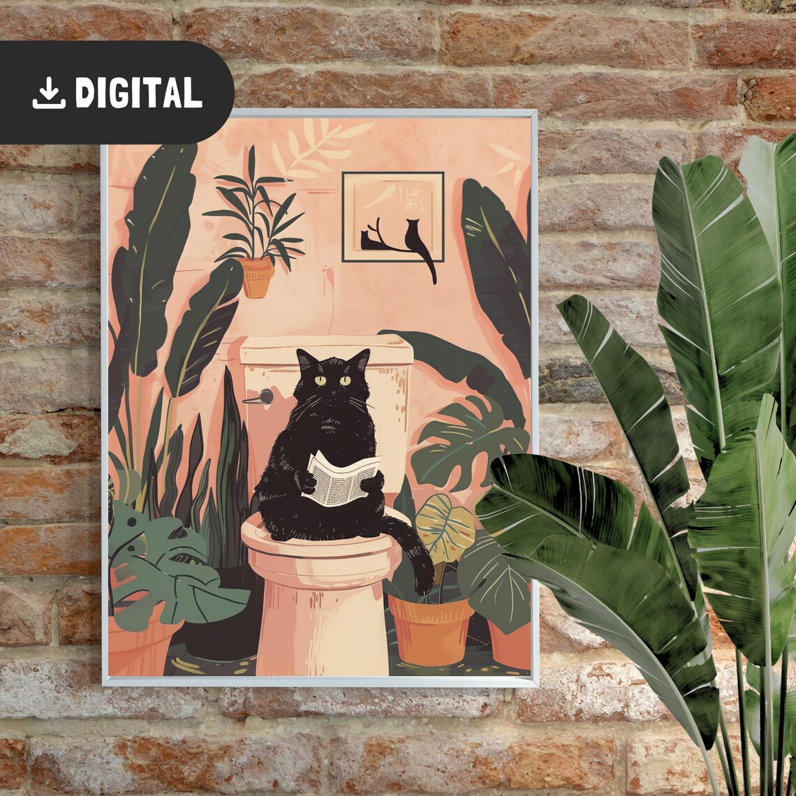 Bathroom Cat Print, Funny Vintage Restroom Decor
