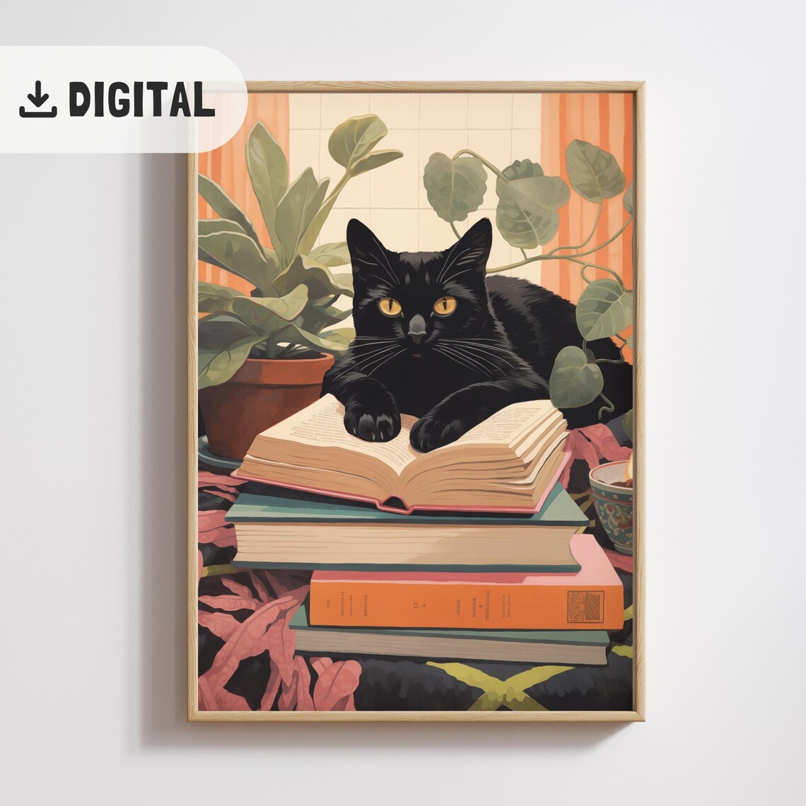 Cat Reading Vintage Black Cat and Books Art Print