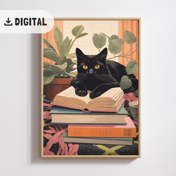 Cat Reading Vintage Black Cat and Books Art Print