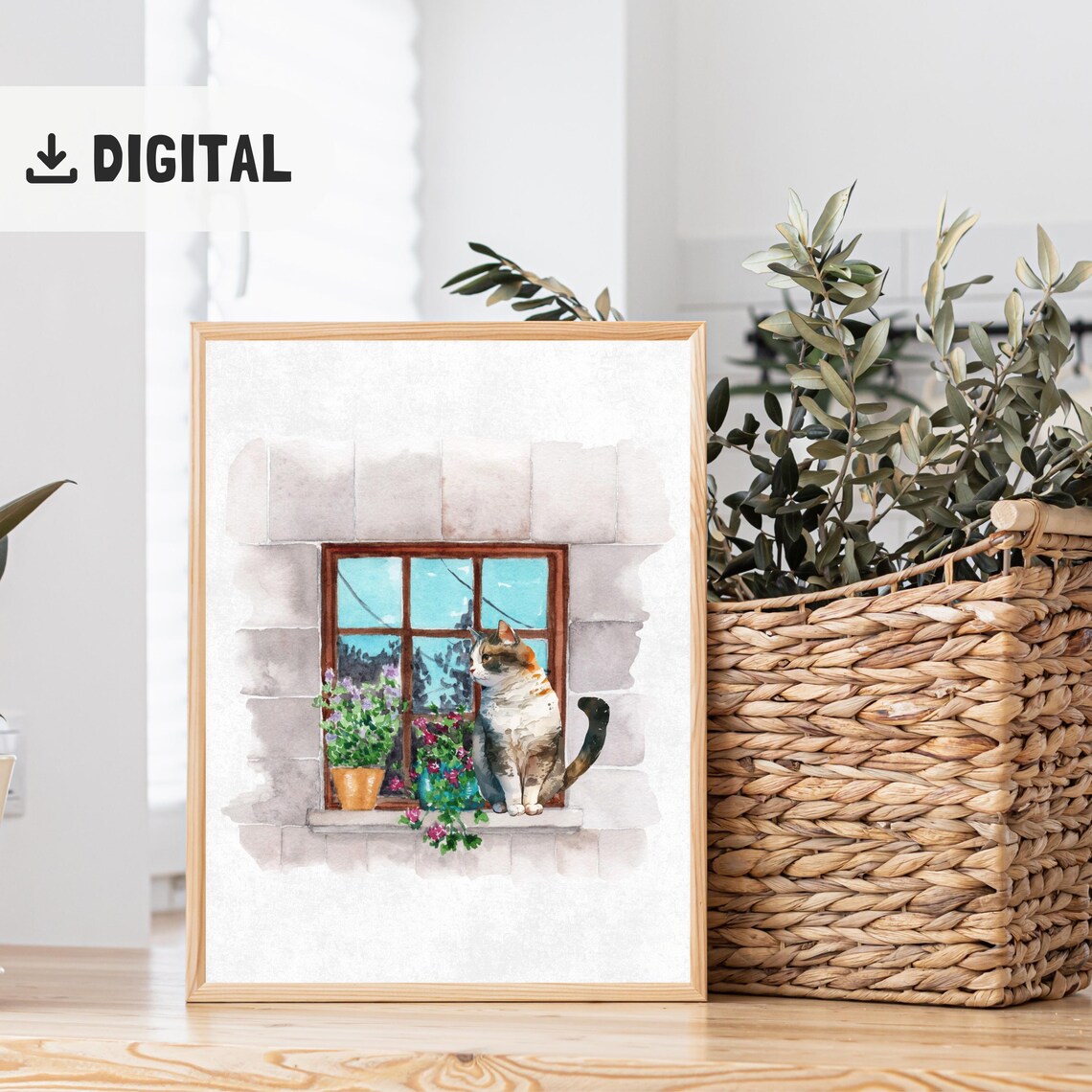Calico Cat in Rustic Window Watercolor Flower Pots Cozy Kitty Wall Art - Image 2