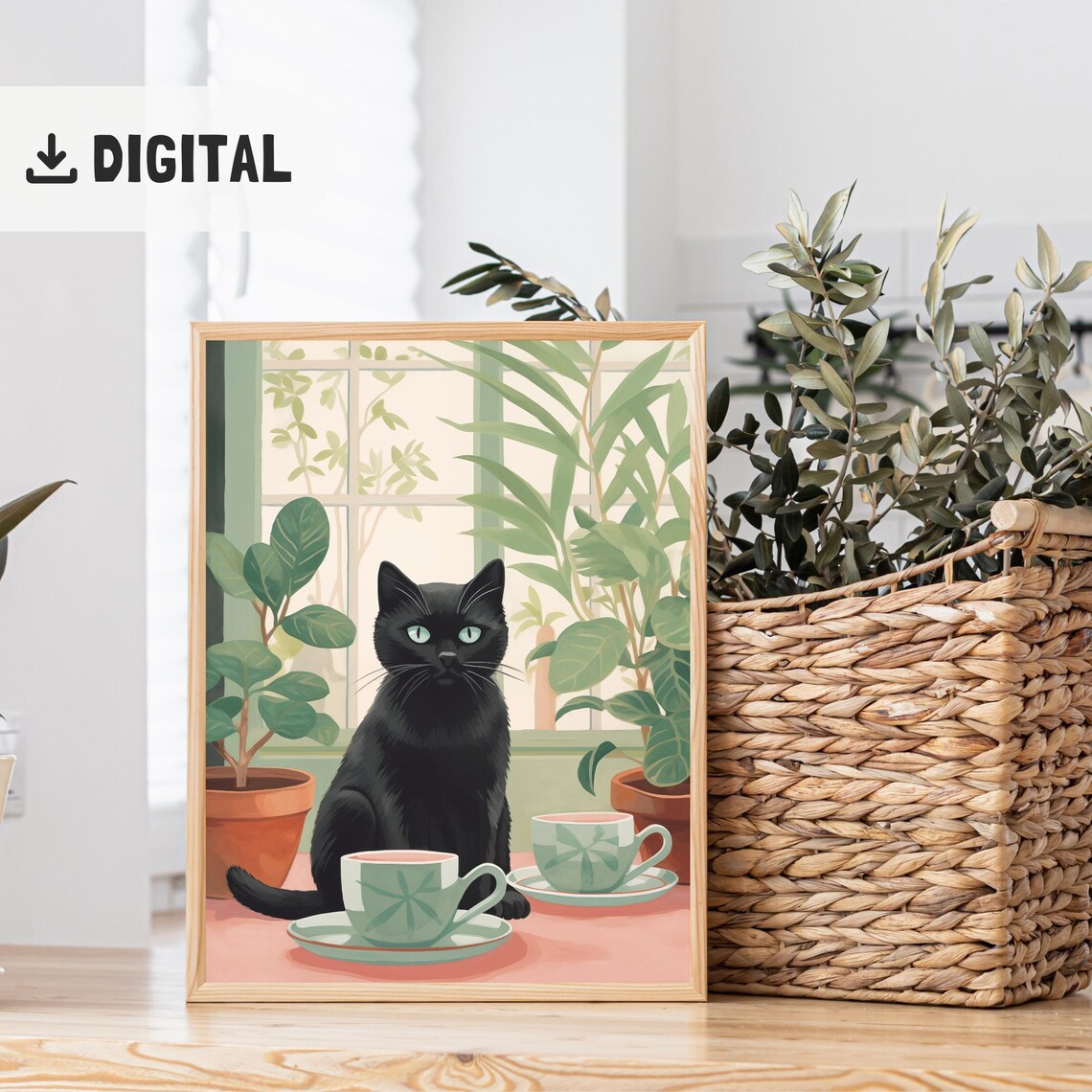 Black Cat Tea Time With Teacups and Plants Window Sill Kitchen Wall Art