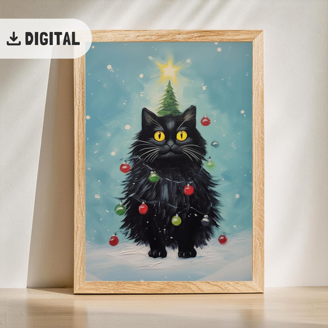 Black Cat Dressed As Christmas Tree Ornaments Painterly Poster