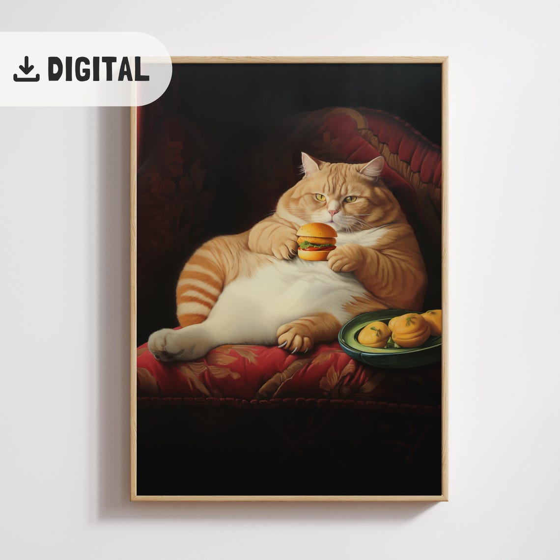 Chubby Orange Tabby Cat Burger Red Chair Painterly Poster Gift - Image 2