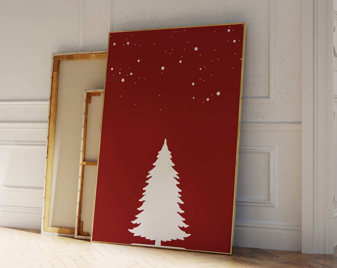 Minimalist Red Christmas Tree Snow Silhouette Holiday Poster